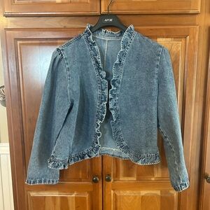Ruffle-Trim Denim Jacket - Blue